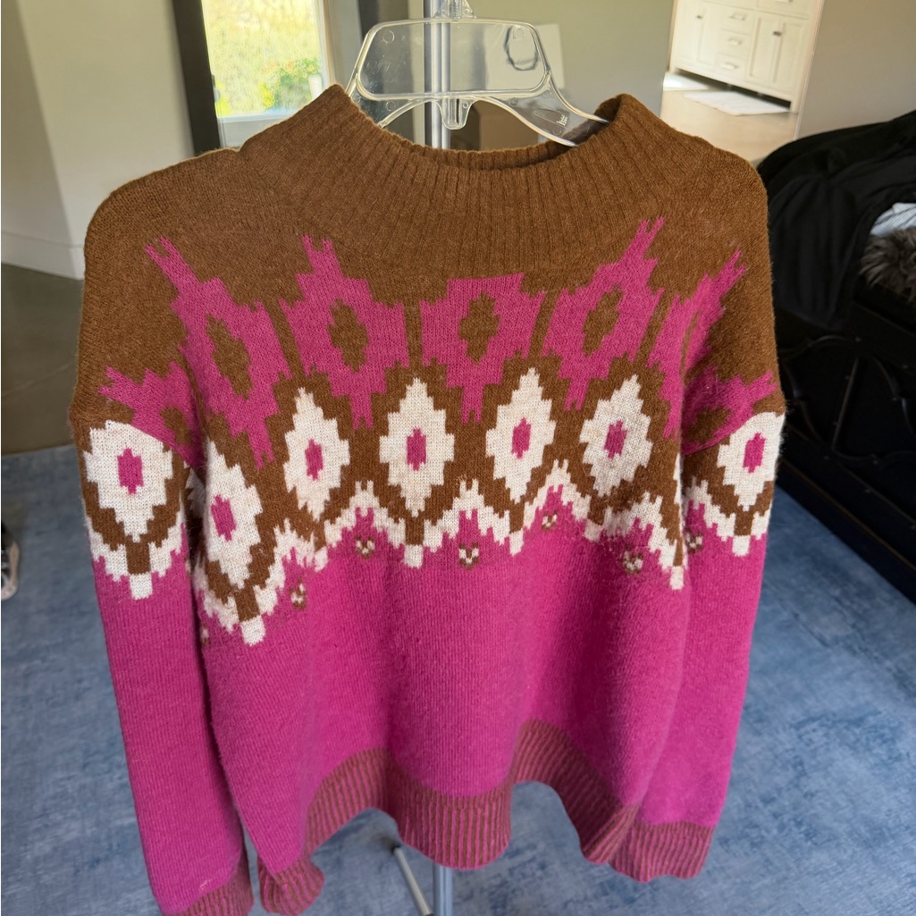 Monrow Apres Ski Pink And Brown Mock Neck Fair Isle Sweater